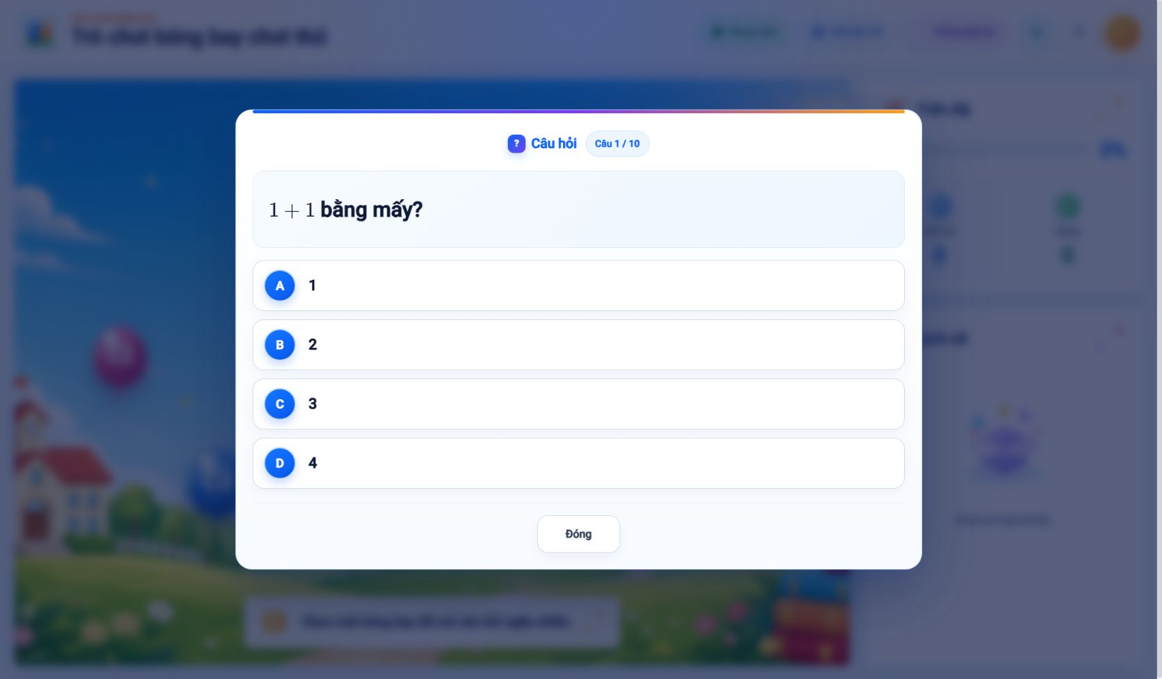 Câu hỏi trong trò chơi bóng bay