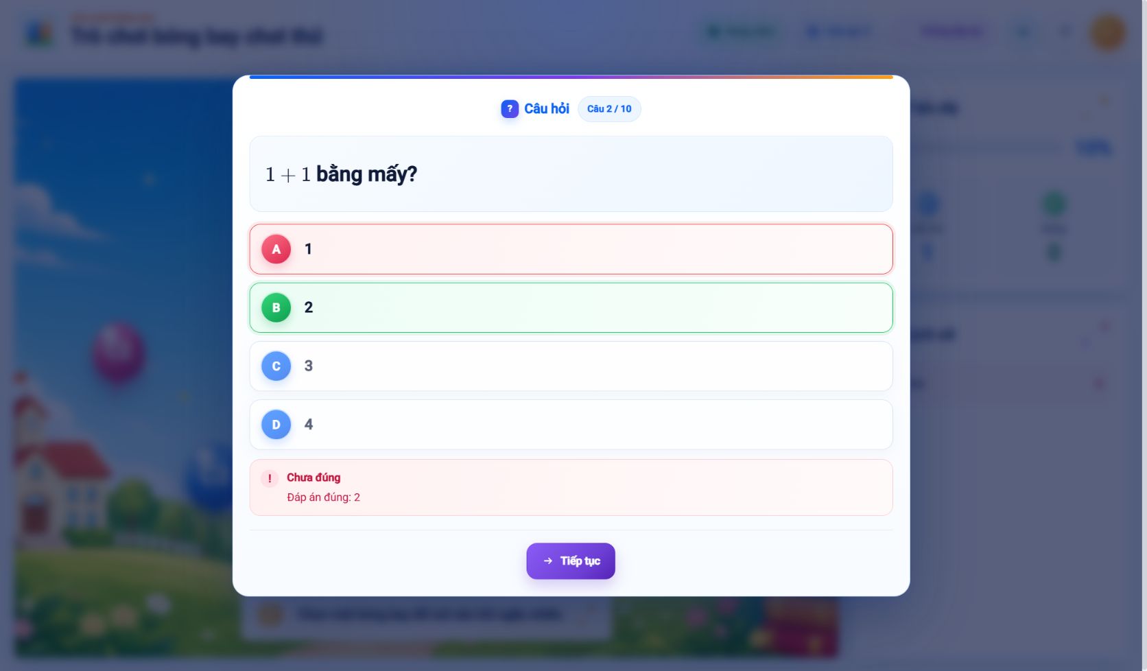 Phản hồi câu hỏi trong trò chơi bóng bay