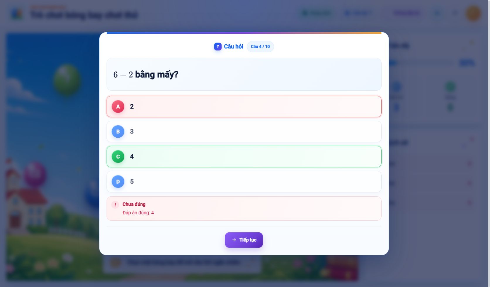 Màn hình phản hồi sai trong trò chơi bóng bay