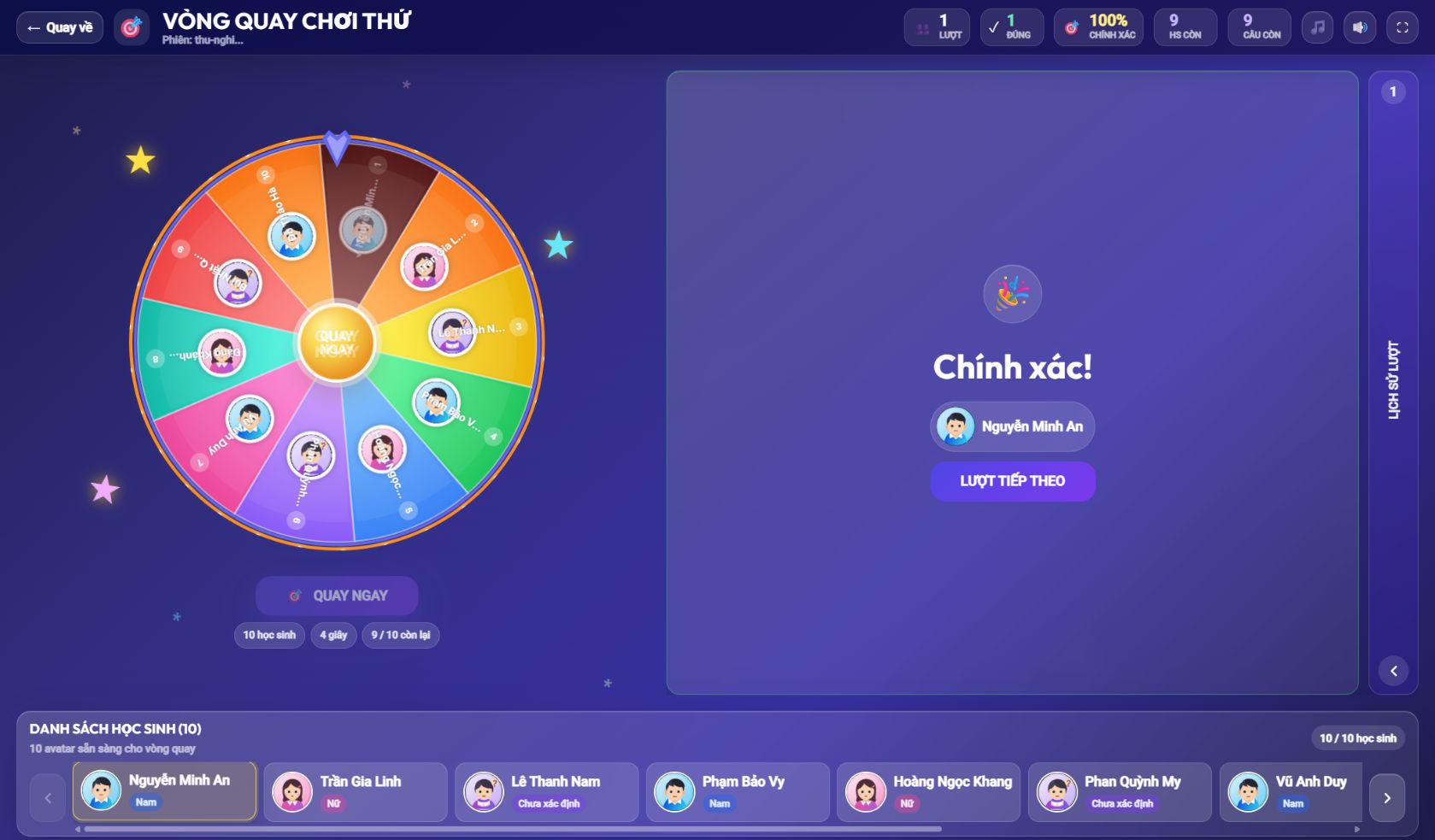 Phản hồi trả lời đúng trong Vòng quay may mắn