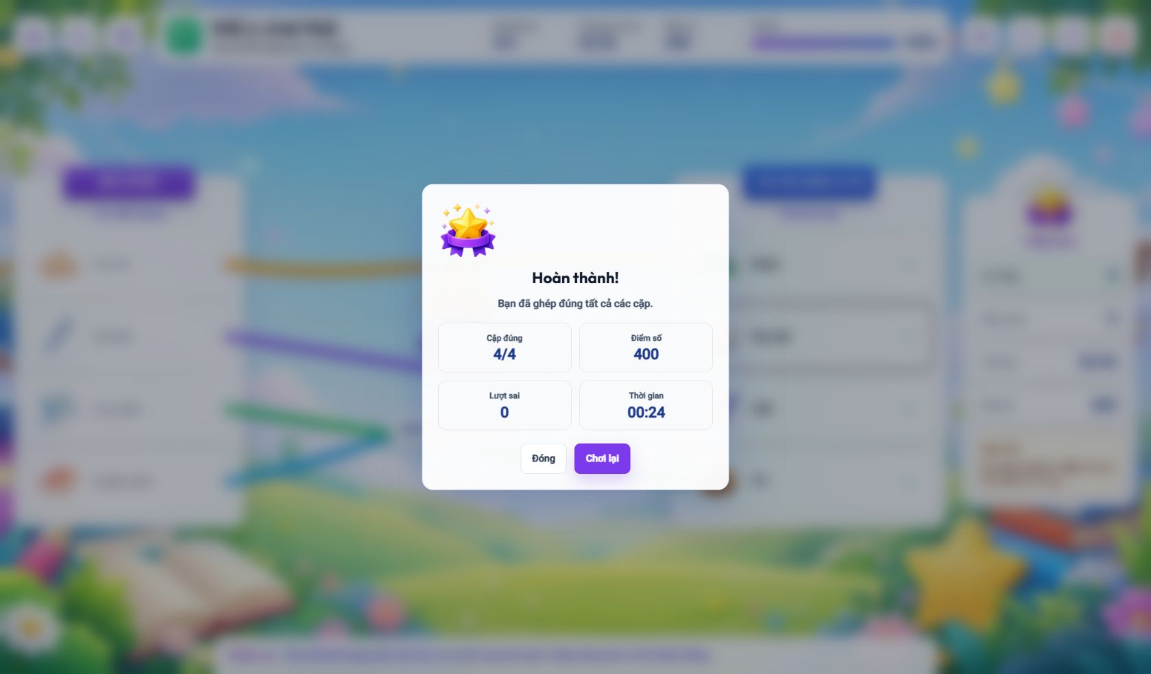 Màn hình hoàn thành game Nối ý