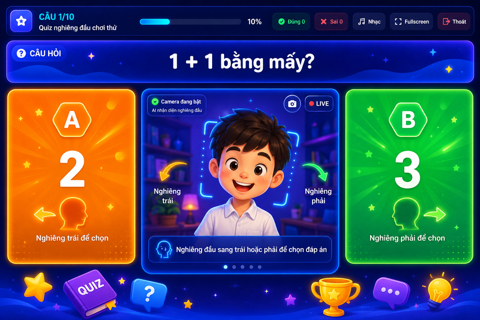 Học sinh chọn đáp án trái phải trong Quiz Nghiêng Đầu